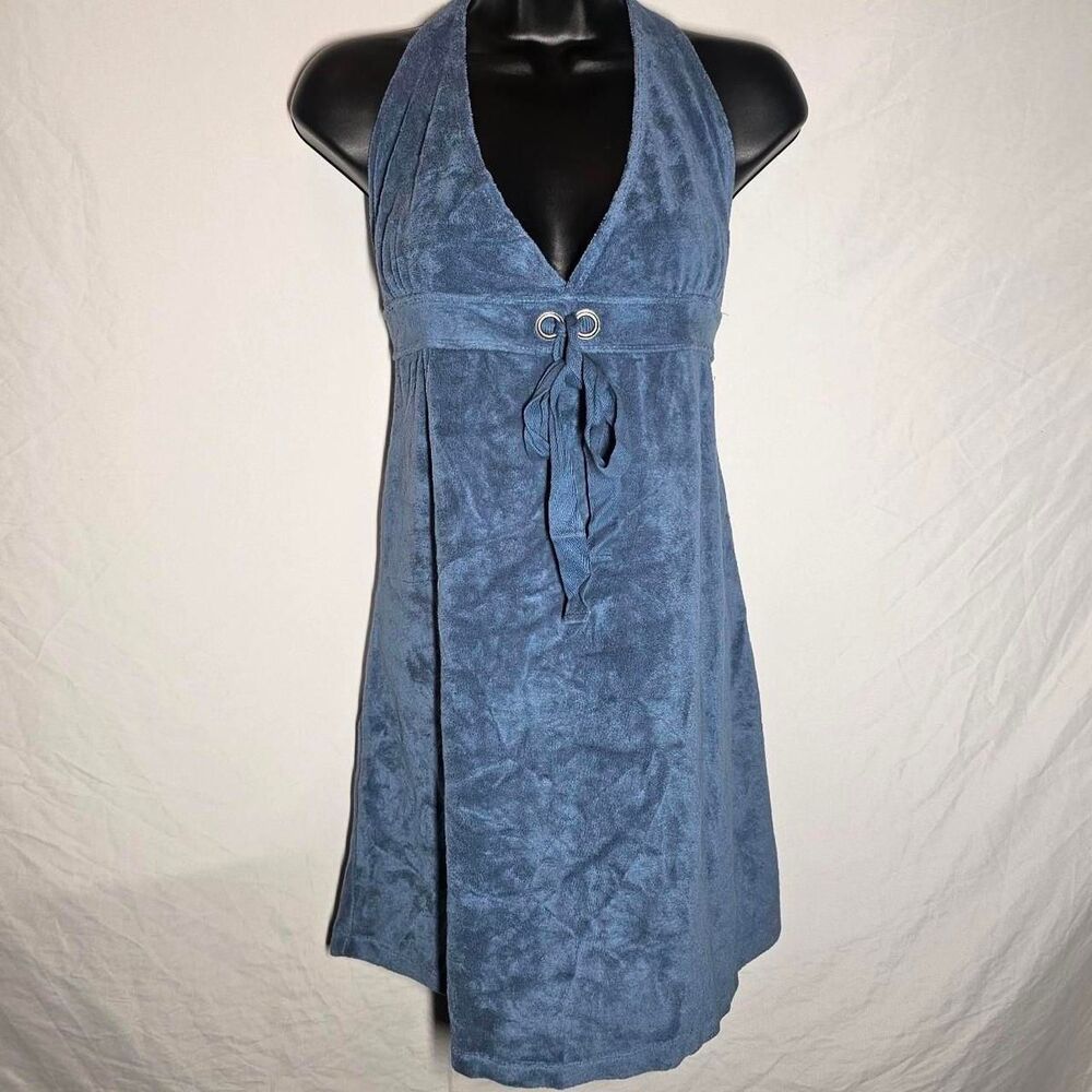 blue terry cloth vintage y2k 2000s dark nuted blue halter dress